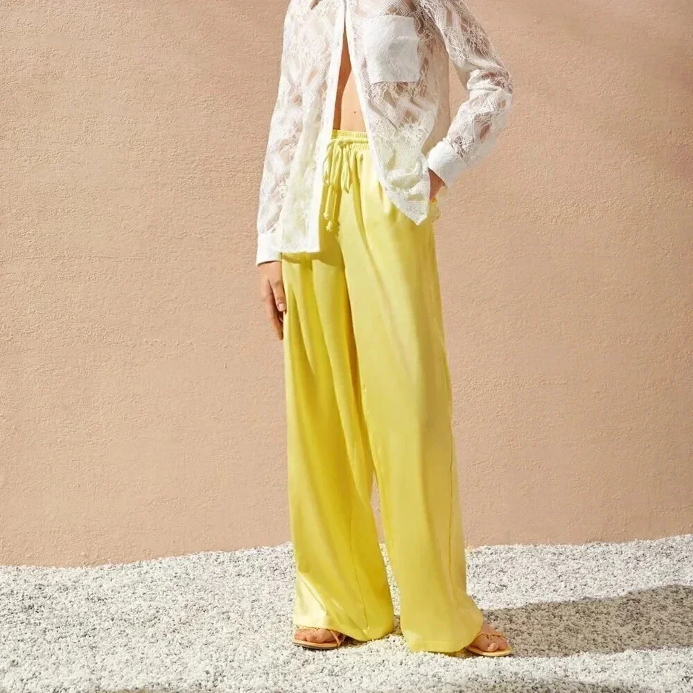 Yellow Casual Women's Drawstring Waist Slant Pocket Satin Pants